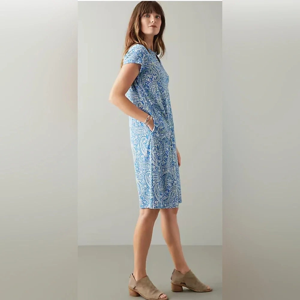 J. Jill Paisley-Printed A-Line Dress blue white short sleeve XLP NWT - Picture 4 of 11